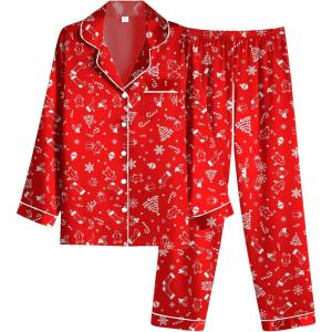 Ekouaer Women Satin Pajamas Set Classic Button Down Long Pjs Set(Red Chirstmas Pattern)