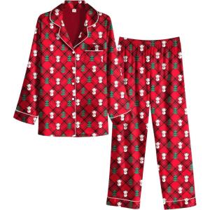 Ekouaer Women Satin Pajamas Set Classic Button Down Long Pjs Set(Red Chirstmas Teddy)