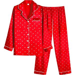 Ekouaer Women Satin Pajamas Set Classic Button Down Long Pjs Set(Red Heart)