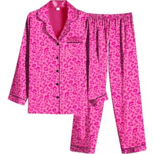 Ekouaer Women Satin Pajamas Set Classic Button Down Long Pjs Set(Rose Leopard)