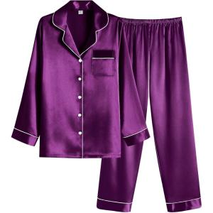 Ekouaer Women Satin Pajamas Set Classic Button Down Long Pjs Set(Wineberry)