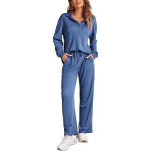Ekouaer Womens 2 Piece Matching Lounge Sets Fall Outfits 2025 Sweatsuit Waffle Knit Pajamas Sets Long Sleeve Sweater Clothes(Blue)