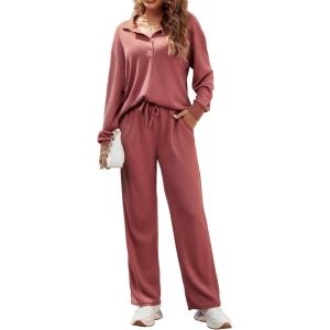 Ekouaer Womens 2 Piece Matching Lounge Sets Fall Outfits 2025 Sweatsuit Waffle Knit Pajamas Sets Long Sleeve Sweater Clothes(Pink)