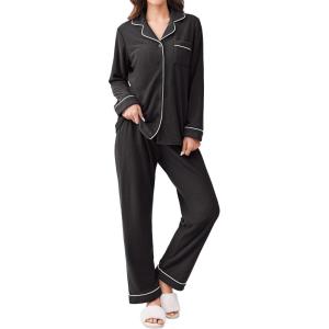 Ekouaer Women’s Fleece Pajama Sets Long Sleeve Button Down Two-piece Sleepwear Soft Lounge Set(Black)