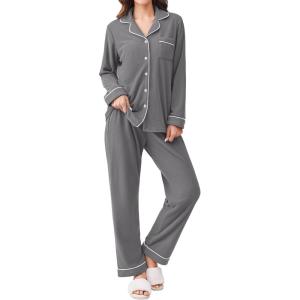 Ekouaer Women’s Fleece Pajama Sets Long Sleeve Button Down Two-piece Sleepwear Soft Lounge Set(Deep Grey)