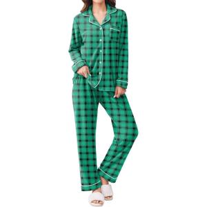 Ekouaer Women’s Fleece Pajama Sets Long Sleeve Button Down Two-piece Sleepwear Soft Lounge Set(Green Plaid)