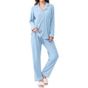 Ekouaer Women’s Fleece Pajama Sets Long Sleeve Button Down Two-piece Sleepwear Soft Lounge Set(Light Blue)