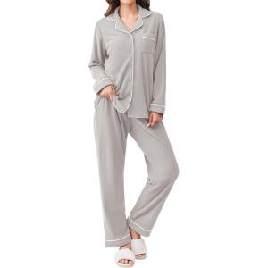 Ekouaer Women’s Fleece Pajama Sets Long Sleeve Button Down Two-piece Sleepwear Soft Lounge Set(Light Gray)