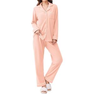 Ekouaer Women’s Fleece Pajama Sets Long Sleeve Button Down Two-piece Sleepwear Soft Lounge Set(Light Pink)