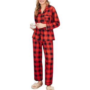 Ekouaer Women’s Fleece Pajama Sets Long Sleeve Button Down Two-piece Sleepwear Soft Lounge Set(Red Plaid)