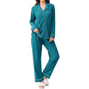 Ekouaer Women’s Fleece Pajama Sets Long Sleeve Button Down Two-piece Sleepwear Soft Lounge Set(See Green)