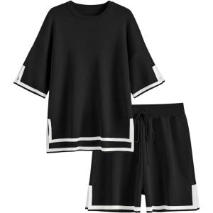 Ekouaer Womens Knit Lounge Set 2 Piece Sweater Sets Short Sleeve Sweatsuit Pullover Tops(Black)