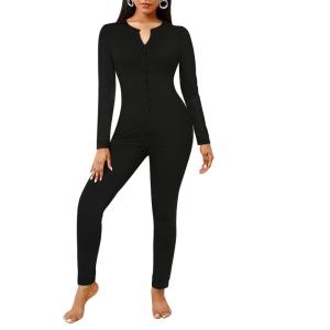 Ekouaer Womens Onesie Adult Button One Piece Pajama Long Sleeve Onesie Pajamas Jumpsuit Sleepwear for Women(Black)
