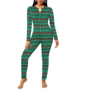 Ekouaer Womens Onesie Adult Button One Piece Pajama Long Sleeve Onesie Pajamas Jumpsuit Sleepwear for Women(Christmas Stockings)