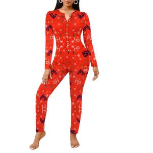 Ekouaer Womens Onesie Adult Button One Piece Pajama Long Sleeve Onesie Pajamas Jumpsuit Sleepwear for Women(Christmas Symbols)