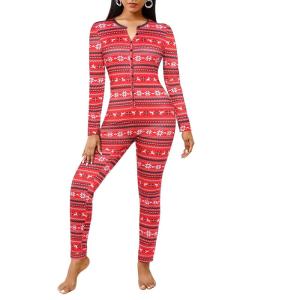 Ekouaer Womens Onesie Adult Button One Piece Pajama Long Sleeve Onesie Pajamas Jumpsuit Sleepwear for Women(Geometry)