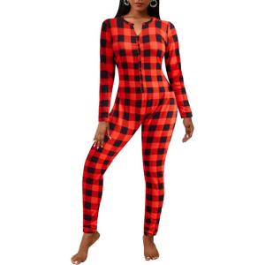 Ekouaer Womens Onesie Adult Button One Piece Pajama Long Sleeve Onesie Pajamas Jumpsuit Sleepwear for Women(Plaid)