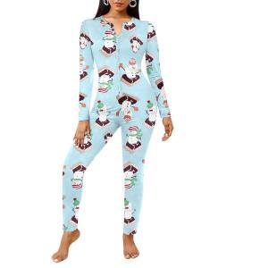 Ekouaer Womens Onesie Adult Button One Piece Pajama Long Sleeve Onesie Pajamas Jumpsuit Sleepwear for Women(Snowman)