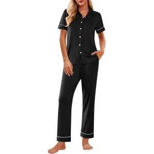 Ekouaer Womens Pajama Sets 2 Piece Button Down Short Sleeve Pjs Set Soft Lounge Set with Long Pants S-XXL(Black)
