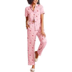 Ekouaer Womens Pajama Sets 2 Piece Button Down Short Sleeve Pjs Set Soft Lounge Set with Long Pants S-XXL(Christmas Cane)