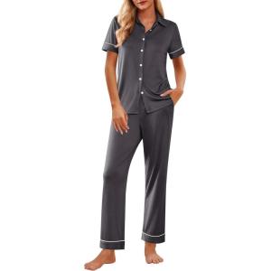 Ekouaer Womens Pajama Sets 2 Piece Button Down Short Sleeve Pjs Set Soft Lounge Set with Long Pants S-XXL(Dark Grey)