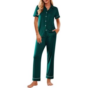 Ekouaer Womens Pajama Sets 2 Piece Button Down Short Sleeve Pjs Set Soft Lounge Set with Long Pants S-XXL(Green)