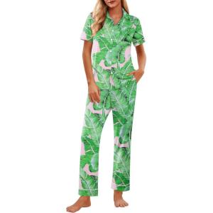 Ekouaer Womens Pajama Sets 2 Piece Button Down Short Sleeve Pjs Set Soft Lounge Set with Long Pants S-XXL(Green Leaf)