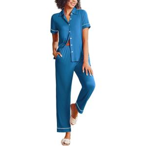 Ekouaer Womens Pajama Sets 2 Piece Button Down Short Sleeve Pjs Set Soft Lounge Set with Long Pants S-XXL(Lake Blue)