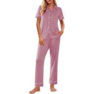 Ekouaer Womens Pajama Sets 2 Piece Button Down Short Sleeve Pjs Set Soft Lounge Set with Long Pants S-XXL(Mauve-pink)