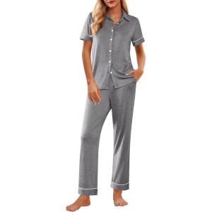 Ekouaer Womens Pajama Sets 2 Piece Button Down Short Sleeve Pjs Set Soft Lounge Set with Long Pants S-XXL(Mid Grey)