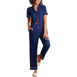 Ekouaer Womens Pajama Sets 2 Piece Button Down Short Sleeve Pjs Set Soft Lounge Set with Long Pants S-XXL(Navy Blue)