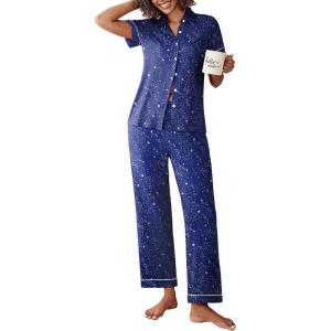Ekouaer Womens Pajama Sets 2 Piece Button Down Short Sleeve Pjs Set Soft Lounge Set with Long Pants S-XXL(Navy Blue-star)