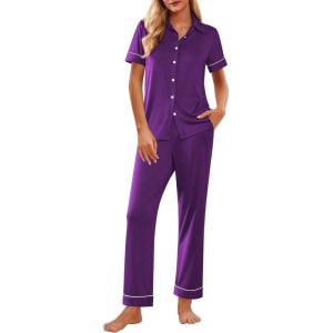 Ekouaer Womens Pajama Sets 2 Piece Button Down Short Sleeve Pjs Set Soft Lounge Set with Long Pants S-XXL(Purple)