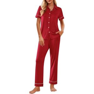 Ekouaer Womens Pajama Sets 2 Piece Button Down Short Sleeve Pjs Set Soft Lounge Set with Long Pants S-XXL(Red)