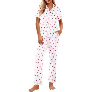 Ekouaer Womens Pajama Sets 2 Piece Button Down Short Sleeve Pjs Set Soft Lounge Set with Long Pants S-XXL(White-red Heart)
