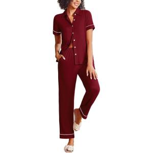Ekouaer Womens Pajama Sets 2 Piece Button Down Short Sleeve Pjs Set Soft Lounge Set with Long Pants S-XXL(Wine Red)