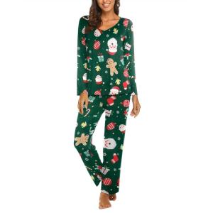 Ekouaer Womens Pajama Sets 2 Piece Lounge Set Fall Winter Pajamas Long Sleeve Pjs Top and Pants Soft Pj Sets Loose Sleepwear(Christmas Snowman Green)