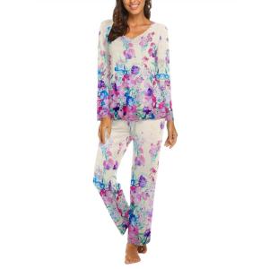 Ekouaer Womens Pajama Sets 2 Piece Lounge Set Fall Winter Pajamas Long Sleeve Pjs Top and Pants Soft Pj Sets Loose Sleepwear(Flowers-yellow Rose Red Blue)