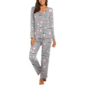 Ekouaer Womens Pajama Sets 2 Piece Lounge Set Fall Winter Pajamas Long Sleeve Pjs Top and Pants Soft Pj Sets Loose Sleepwear(Gray Coffee Cups)