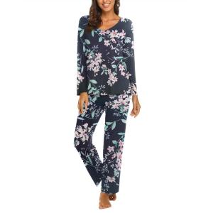 Ekouaer Womens Pajama Sets 2 Piece Lounge Set Fall Winter Pajamas Long Sleeve Pjs Top and Pants Soft Pj Sets Loose Sleepwear(Large Flower Cluster)