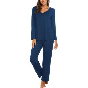 Ekouaer Womens Pajama Sets 2 Piece Lounge Set Fall Winter Pajamas Long Sleeve Pjs Top and Pants Soft Pj Sets Loose Sleepwear(Navy Blue)