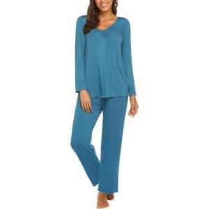 Ekouaer Womens Pajama Sets 2 Piece Lounge Set Fall Winter Pajamas Long Sleeve Pjs Top and Pants Soft Pj Sets Loose Sleepwear(Peacock Blue)