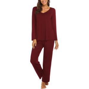 Ekouaer Womens Pajama Sets 2 Piece Lounge Set Fall Winter Pajamas Long Sleeve Pjs Top and Pants Soft Pj Sets Loose Sleepwear(Wine Red)