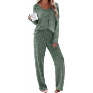 Ekouaer Womens Pajama Sets Button Up Long Sleeve Pjs Soft Lounge Set 2 Piece Sleepwear with Pockets(Army Green)