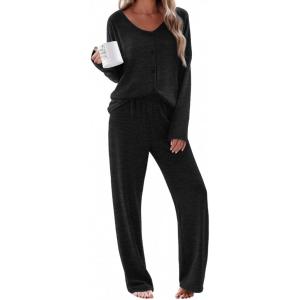 Ekouaer Womens Pajama Sets Button Up Long Sleeve Pjs Soft Lounge Set 2 Piece Sleepwear with Pockets(Black)