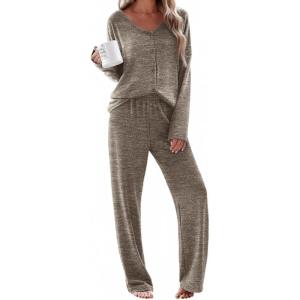 Ekouaer Womens Pajama Sets Button Up Long Sleeve Pjs Soft Lounge Set 2 Piece Sleepwear with Pockets(Brown)