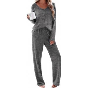 Ekouaer Womens Pajama Sets Button Up Long Sleeve Pjs Soft Lounge Set 2 Piece Sleepwear with Pockets(Flower Grey)