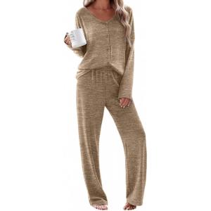 Ekouaer Womens Pajama Sets Button Up Long Sleeve Pjs Soft Lounge Set 2 Piece Sleepwear with Pockets(Khaki)