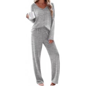 Ekouaer Womens Pajama Sets Button Up Long Sleeve Pjs Soft Lounge Set 2 Piece Sleepwear with Pockets(Light Grey)