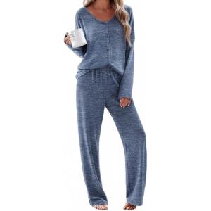 Ekouaer Womens Pajama Sets Button Up Long Sleeve Pjs Soft Lounge Set 2 Piece Sleepwear with Pockets(Navy)